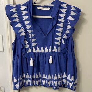 Marie Oliver Blue Top with White Patterns